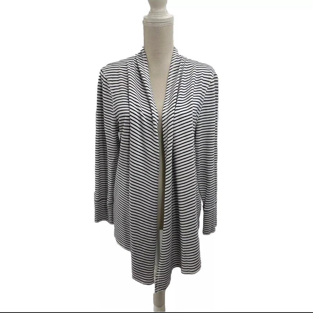 Chico’s Zenergy White Black Striped Open Front Cardigan Duster 12/14